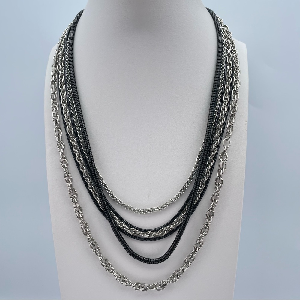 Multi-Strand Layered Silver & Black Chain Necklace 18”-22” Statement